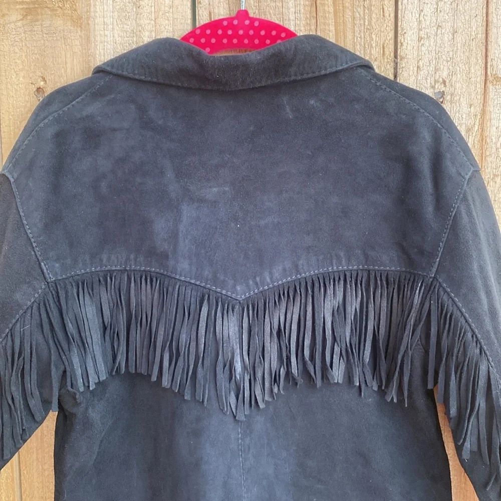 Girl Sz 5 Genuine Leather Suede Fringe Jacket Black Flowers by Zoe Rodeo Western